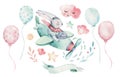 Hand drawing fly cute easter pilot bunny watercolor cartoon bunnies with airplane in the sky. Turquoise watercolour