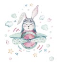 Hand drawing fly cute easter pilot bunny watercolor cartoon bunnies with airplane in the sky. Turquoise watercolour