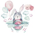 Hand drawing fly cute easter pilot bunny watercolor cartoon bunnies with airplane in the sky. Turquoise watercolour