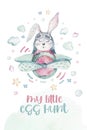 Hand drawing fly cute easter pilot bunny watercolor cartoon bunnies with airplane in the sky. Turquoise watercolour