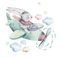 Hand drawing fly cute easter pilot bunny watercolor cartoon bunnies with airplane in the sky. Turquoise watercolour