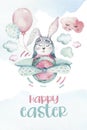 Hand drawing fly cute easter pilot bunny watercolor cartoon bunnies with airplane in the sky. Turquoise watercolour