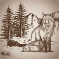 Hand drawing fox sitting landscape vintage Royalty Free Stock Photo