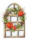 Hand drawing frame element autumn pumpkin leaves halloween decor plants house illustration markers sketch