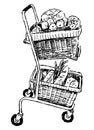 Hand drawing of full grocery cart with different food stuff