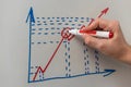 Hand drawing graph with blue marker. Businessman drawing magnifying arrows oven business graph Royalty Free Stock Photo