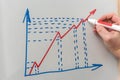 Hand drawing graph with blue marker. Businessman drawing magnifying arrows oven business graph Royalty Free Stock Photo