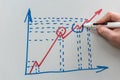 Hand drawing graph with blue marker. Businessman drawing magnifying arrows oven business graph Royalty Free Stock Photo