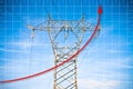Hand drawing a graph about energy production - concept image with power tower and transmission lines on blue background Royalty Free Stock Photo