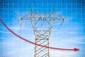 Hand drawing a graph about energy production - concept image with power tower and transmission lines on blue background Royalty Free Stock Photo