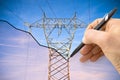 Hand drawing a graph about energy production - concept image with power tower and transmission lines on blue background Royalty Free Stock Photo