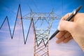 Hand drawing a graph about energy production - concept image with power tower and transmission lines on blue background Royalty Free Stock Photo