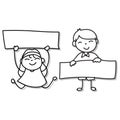 Hand drawing happy boy and girl holding blank paper for message. Abstract people, happiness concept. Vector illustration