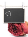 Hand drawing heart on blackboard with dry red rose background, i Royalty Free Stock Photo