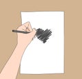 Hand drawing a heart with a pencil and a white sheet of paper. Pencil in a left hand. Artist at work. Left-handed painter Royalty Free Stock Photo