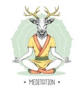 Hand drawing hipster animal deer meditating in lotus position on mandala background.