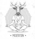 Hand drawing hipster animal deer meditating in lotus position on mandala background.