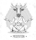 Hand drawing hipster animal deer meditating in lotus position on mandala background.