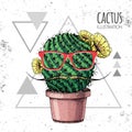 Hand drawing hipster cactus with mustache vector illustration on grunge triangle background