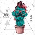 Hand drawing hipster cactus with mustache vector illustration on grunge triangle background