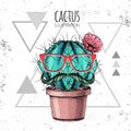 Hand drawing hipster cactus with mustache vector illustration on grunge triangle background