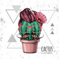 Hand drawing hipster cactus with mustache vector illustration on grunge triangle background