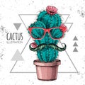 Hand drawing hipster cactus with mustache vector illustration on grunge triangle background