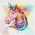 Hand drawing Hipster fantasy animal unicorn on artistic polygon watercolor background