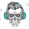 Hand drawing hipster illustration of skull with headphones on grunge background. Hipster fashion style Royalty Free Stock Photo