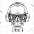 Hand drawing hipster illustration of skull with headphones on grunge background. Hipster fashion style Royalty Free Stock Photo