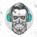 Hand drawing hipster illustration of skull with headphones on grunge background. Hipster fashion style Royalty Free Stock Photo