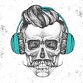 Hand drawing hipster illustration of skull with headphones on grunge background. Hipster fashion style Royalty Free Stock Photo