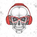 Hand drawing hipster illustration of skull with headphones on grunge background. Hipster fashion style Royalty Free Stock Photo