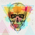 Hand drawing hipster skull illustration on artistic watercolor background. Hipster fashion style