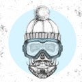 Hand drawing Hipster skull in winter hat and snowboard goggles. Hipster fashion style