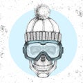 Hand drawing Hipster skull in winter hat and snowboard goggles. Hipster fashion style