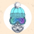 Hand drawing Hipster skull in winter hat and snowboard goggles. Hipster fashion style