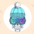 Hand drawing Hipster skull in winter hat and snowboard goggles. Hipster fashion style