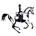 Hand drawing horse rider like engraving. Horseman silhouette with dressage galloping horse on white. Royalty Free Stock Photo