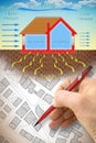 Hand drawing about how radon gas enters into our homes because of the wind pressure - concept illustration with a cross section of