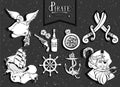 Hand drawing icons set and silhouette pirate adventure