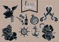 Hand drawing icons set and silhouette pirate adventure Royalty Free Stock Photo