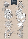 Hand drawing icons set and silhouette pirate adventure Royalty Free Stock Photo