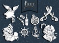 Hand drawing icons set and silhouette pirate adventure Royalty Free Stock Photo