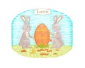 Hand drawing illustration Easter with rabbits, egg and chicken