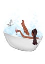 Hand drawing illustration the girl lies in the bathroom with a glass of wine. girl drinks wine in white bath art. Bath with foam b