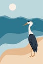 Hand drawing illustration of Grey heron on the beach, abstract sea landscape background Royalty Free Stock Photo