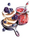 Hand drawing illustration healthy breakfast food cheesecakes with fresh seasonal berries blueberries and blackberries with orange