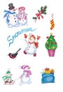 Hand drawing  illustration set of winter snowmans. Royalty Free Stock Photo