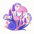 Hand drawing illustration of pink purple mushrooms with forest wood plants blue snail. Magic woodland fairy nature